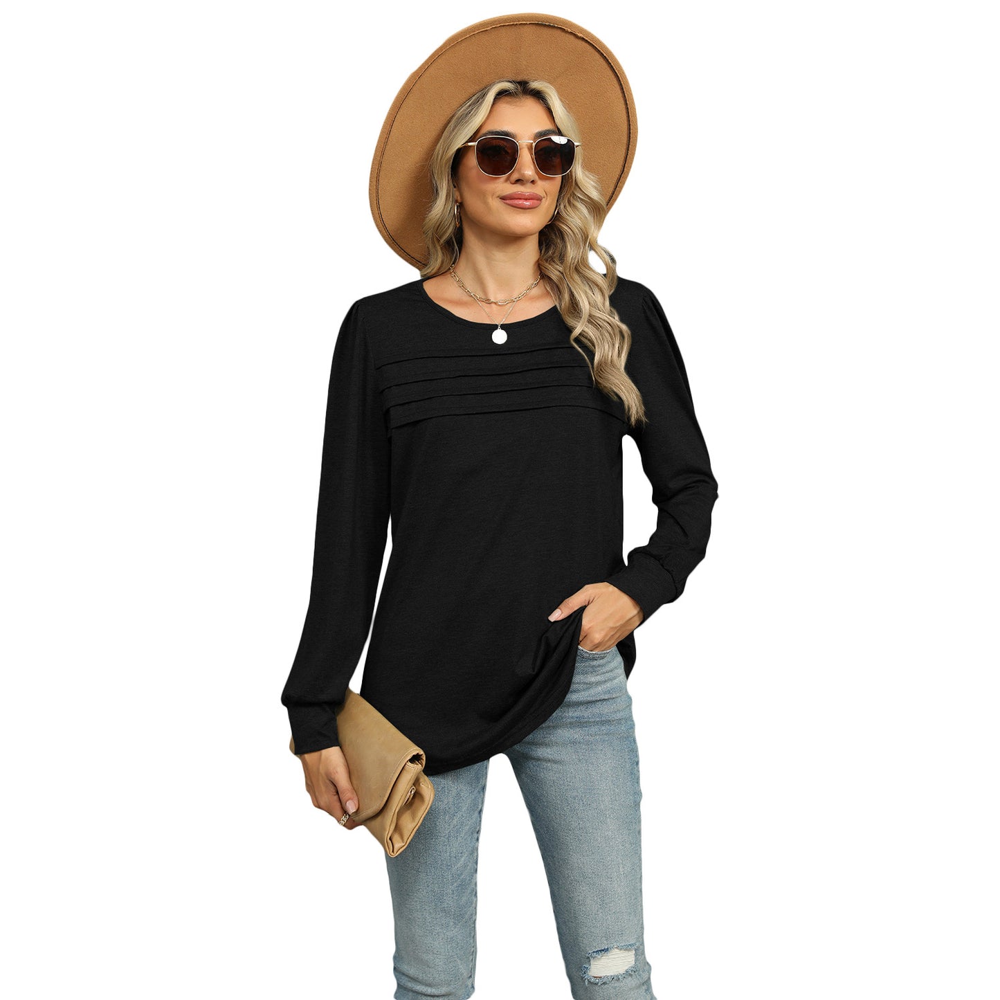 Women's Solid Color Pleated Long-sleeved T-shirt For Tops