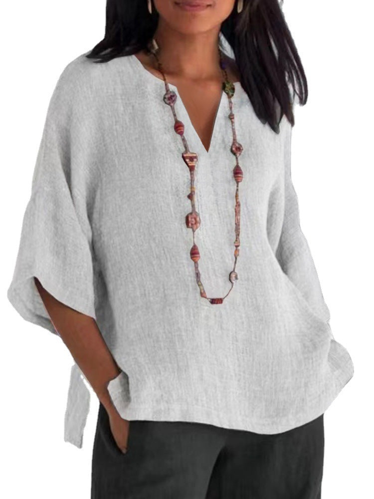 Women's Fashion Summer Sleeves Cotton Linen Solid Blouses