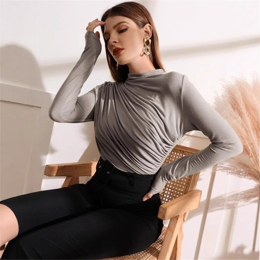 Small Turtleneck Design Pleating Versatile Long-sleeved Tops