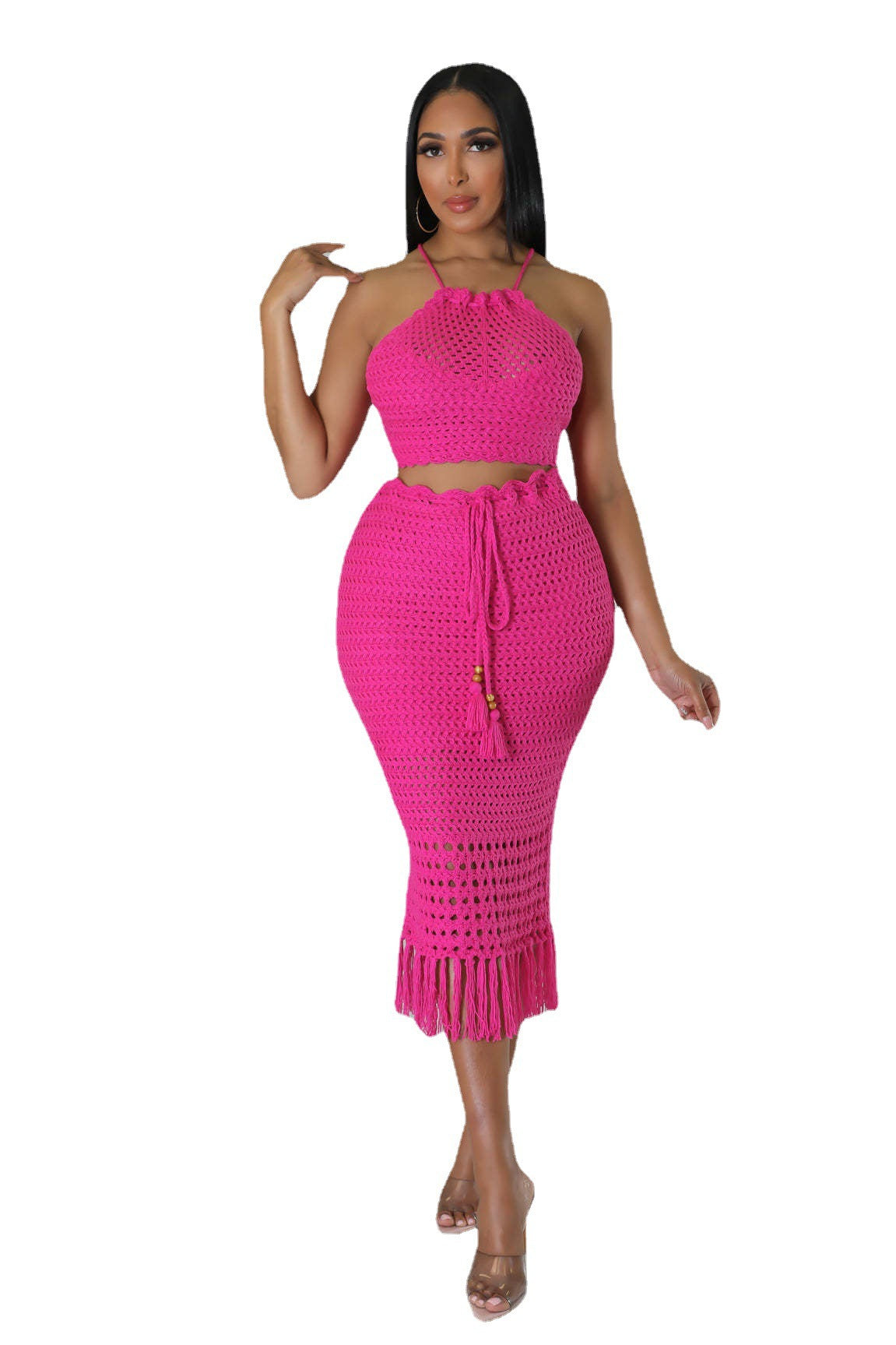 Women's Tassel Fishnet Knit Casual Two-piece Set Suits