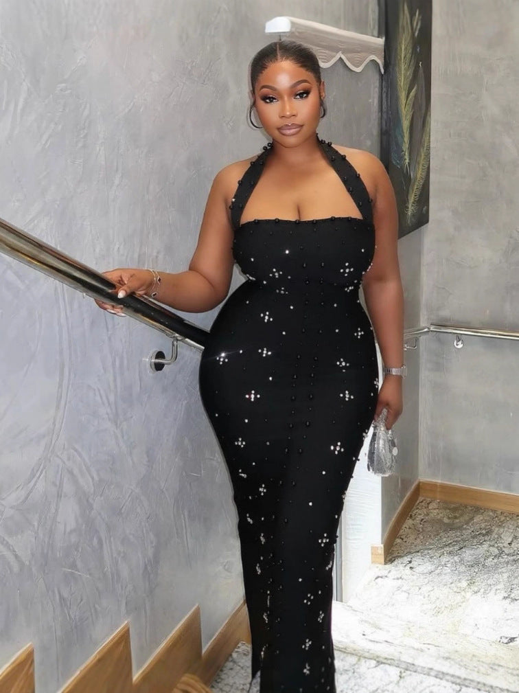 Beaded Rhinestone Pearl Halter Bandage One-piece Dress Elegant Dresses