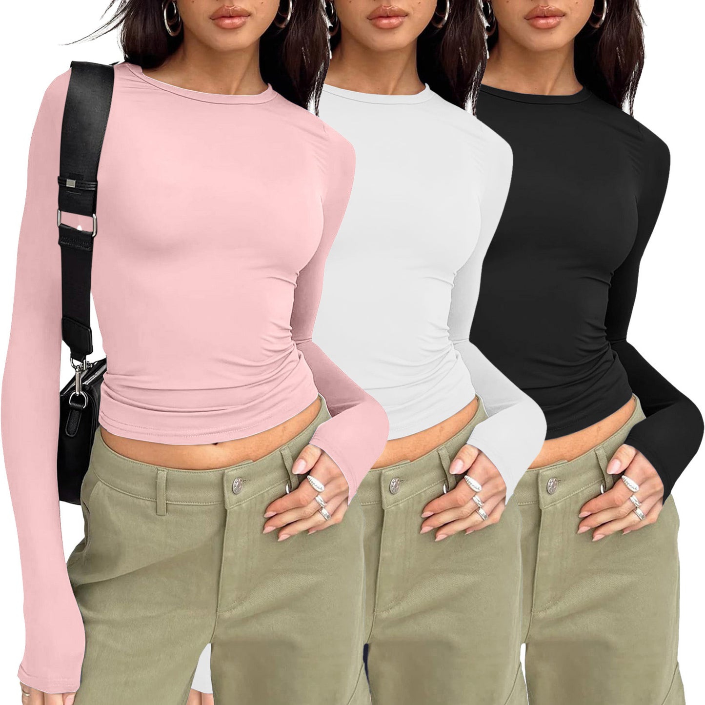Women's Long-sleeved Solid Color Slim Pullover T-shirt Blouses