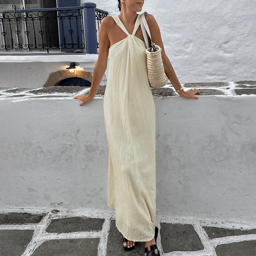 Women's Beige Sleeveless Halter Seaside Beach Leisure Dresses