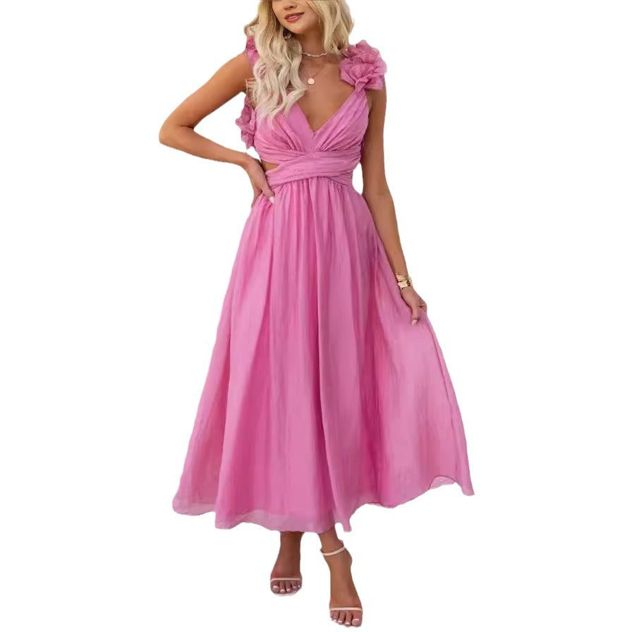 Women's Summer Sexy Sleeveless Solid Color Pleated Dresses