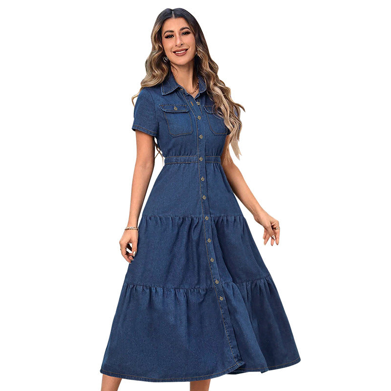 Women's Lapel Button Long Pocket Sleeve Pattern Dresses