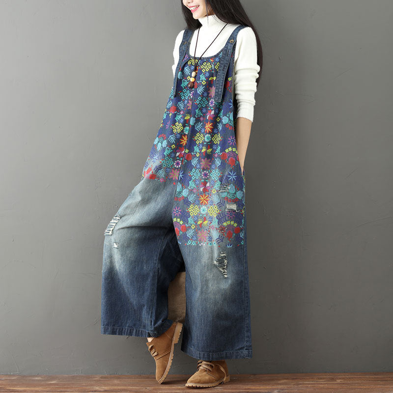 Women's Printed Brushed White Ripped Suspender Female Jeans