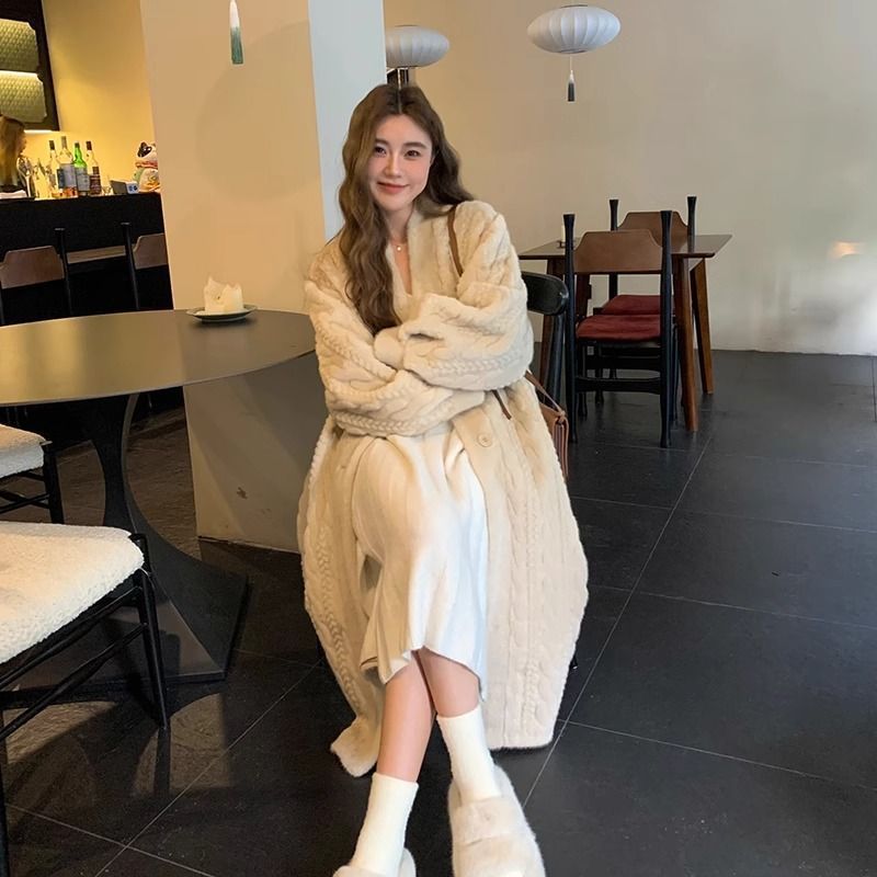 Women's Woolen Twist Mink Fur Loose Over Coats