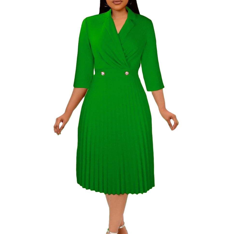 Women's Autumn Solid Color Elegant Collar Pleated Dress