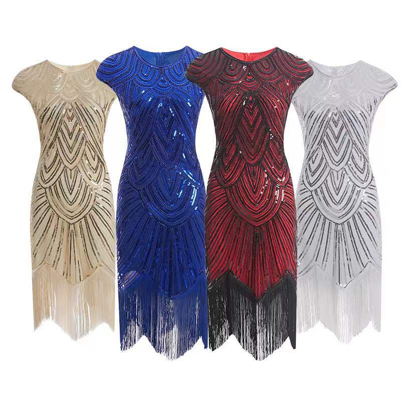 Women's Sequin Formal Dress Beaded Tassel Banquet Evening Dresses
