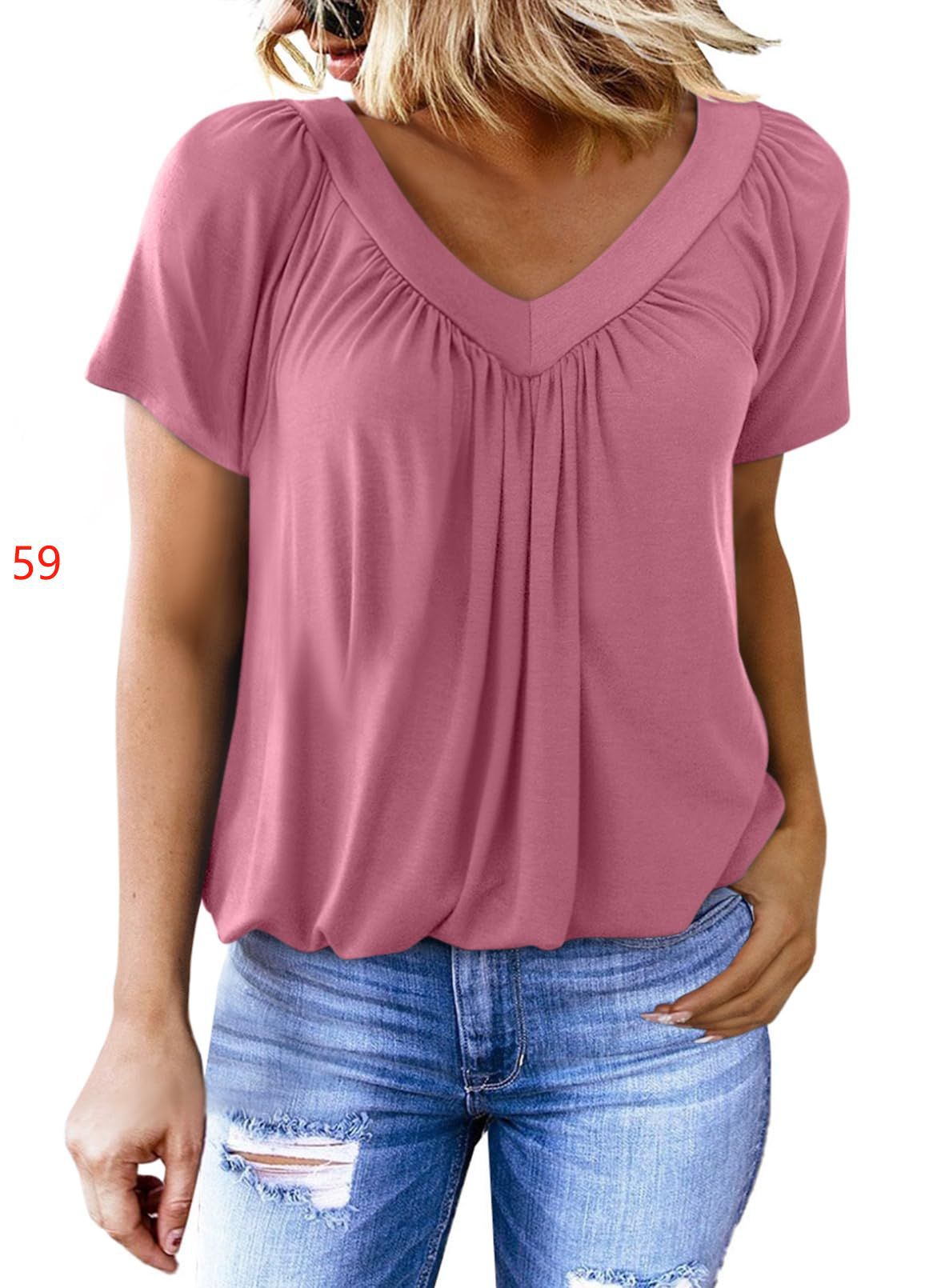 Women's Casual Pleated Solid Color Short-sleeved T-shirt Blouses