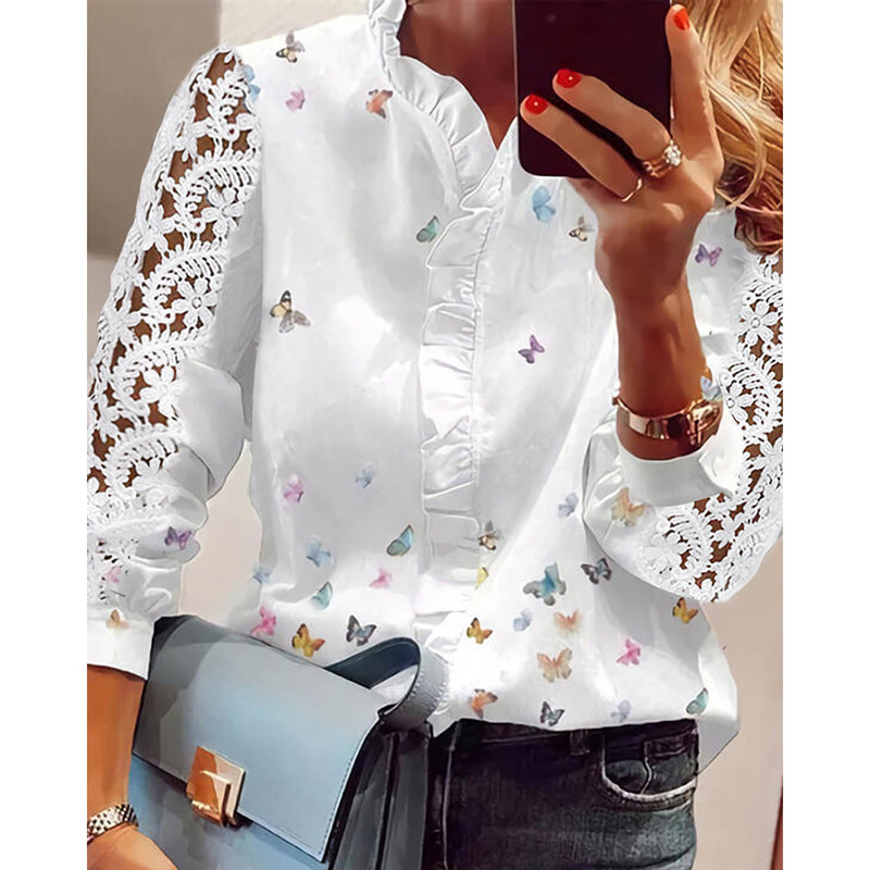 Women's Spring Long Sleeve Solid Color Lace Blouses