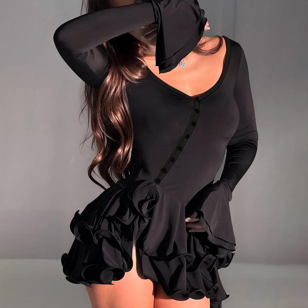 Women's Autumn Fitted Waist Sexy Hot Button Dress