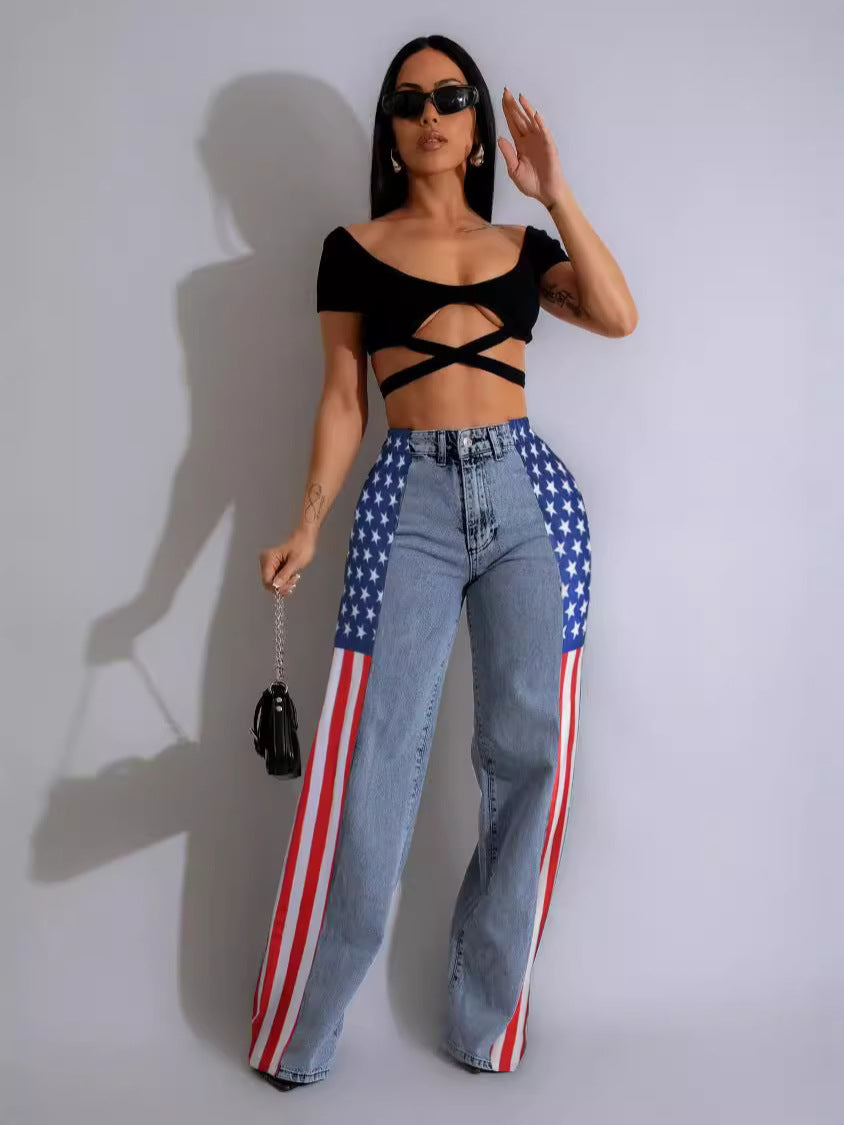 Women's Fashion Flag Print Stretchy Denim Trousers Casual High Jeans