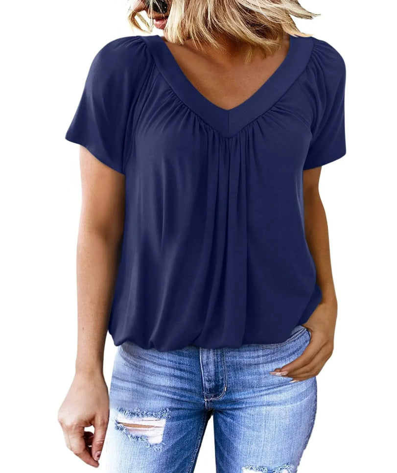 Women's Casual Pleated Solid Color Short-sleeved T-shirt Blouses