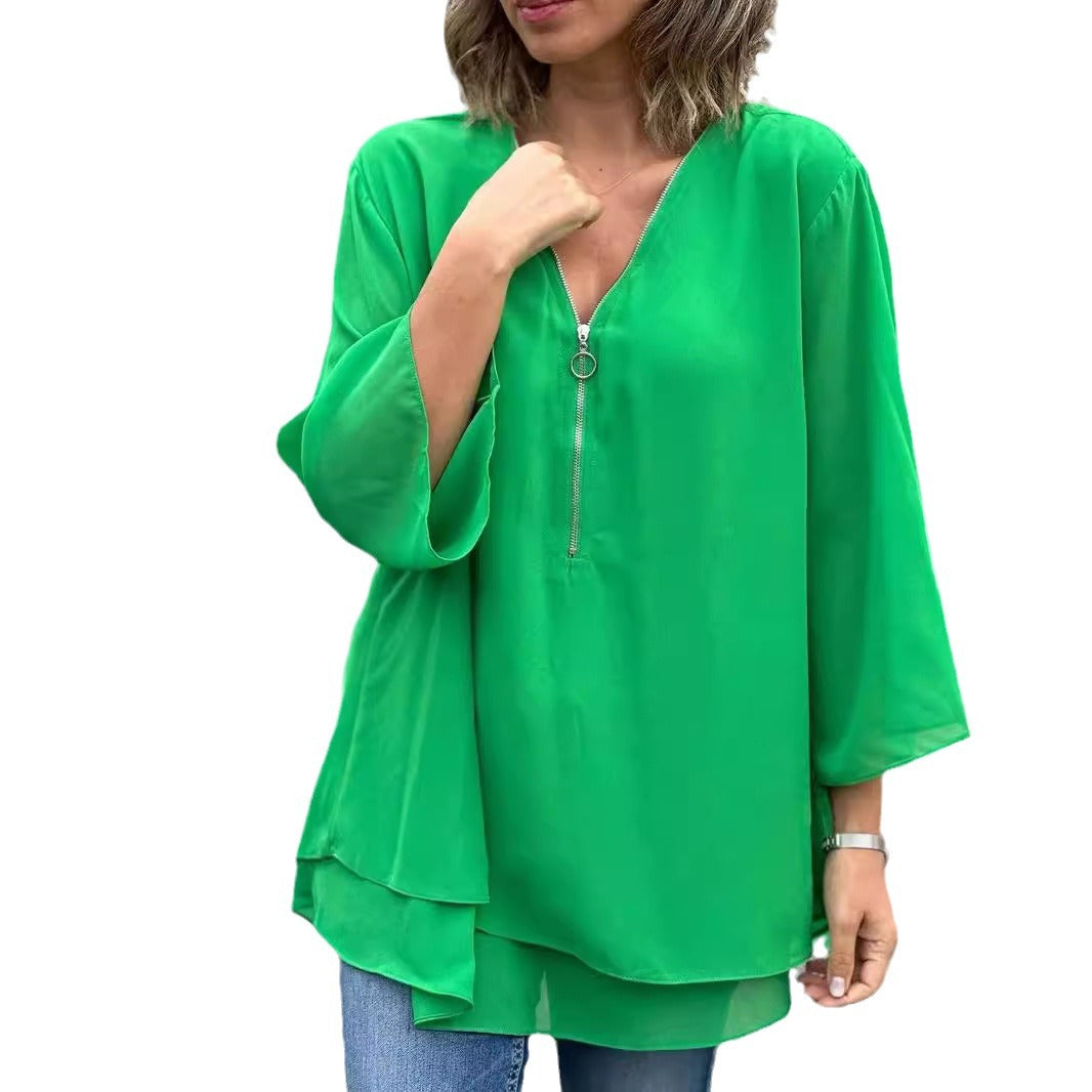 Sleeves Casual Chiffon Metal Zipper Loose Tops