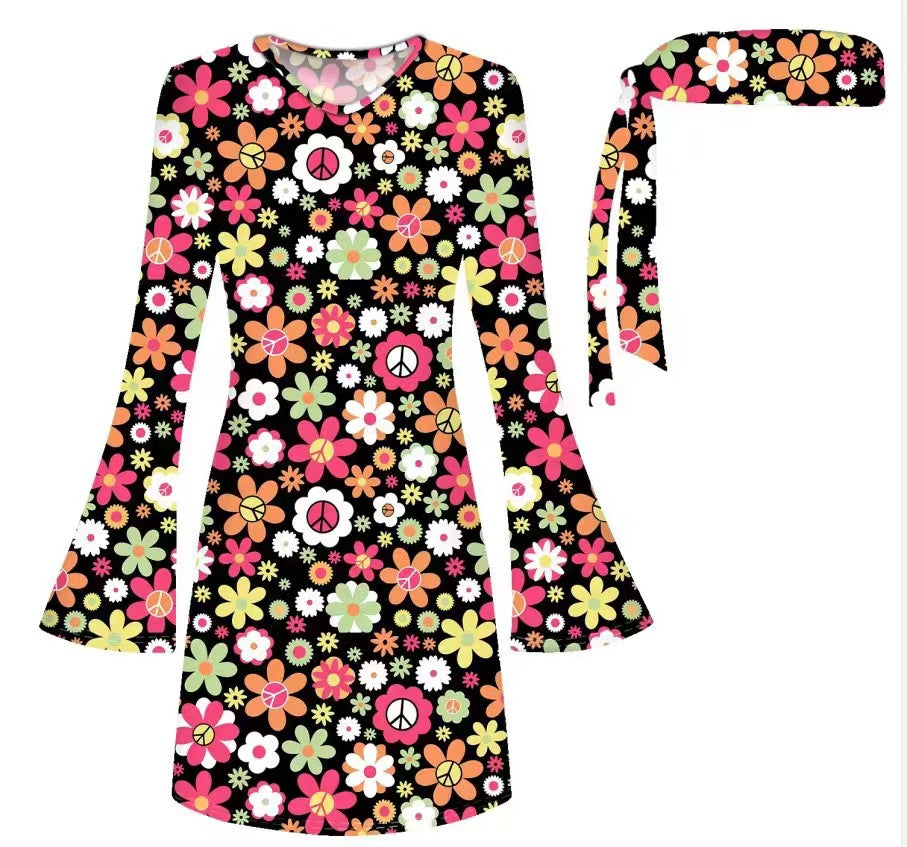 Halloween Generation Hippie Disco Festival Dress Headscarf Print Dresses