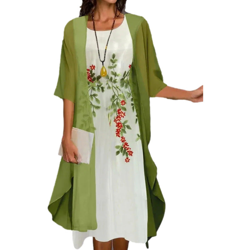 Women's Summer Casual Dress Two-piece Set Flowers Plants Printed Dresses