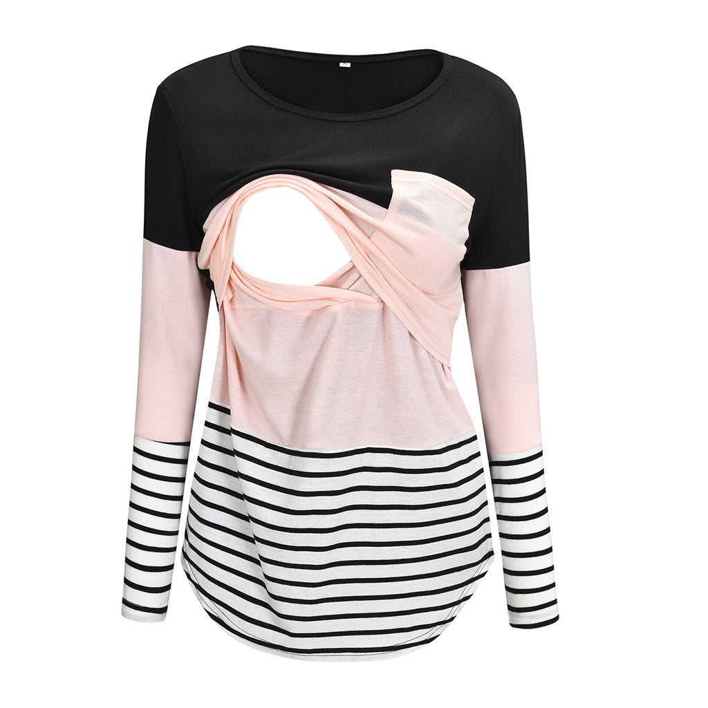 Neck Long Sleeve Patchwork Pocket Pregnant Tops