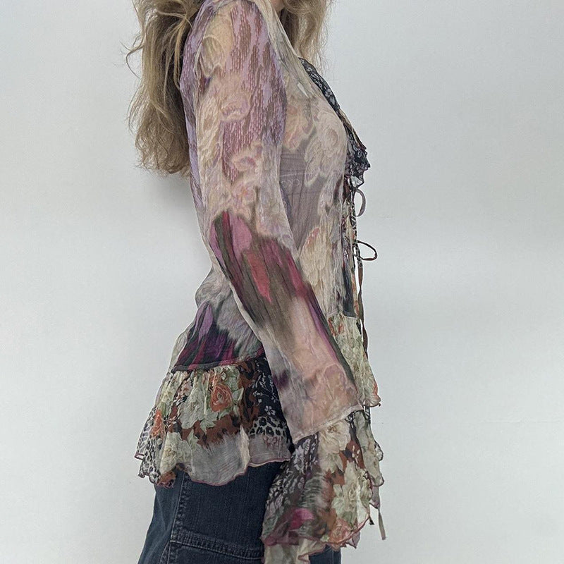 Women's Vintage Blooming Printed Mesh T-shirt Retro Blouses
