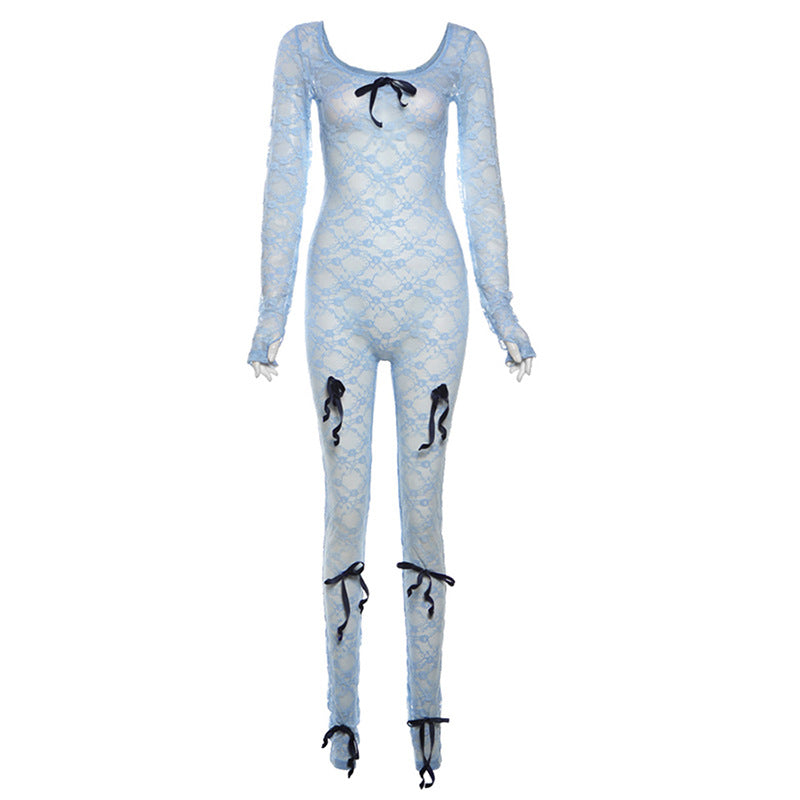 Women's High Waist Jacquard Tight Long Sleeve Jumpsuits