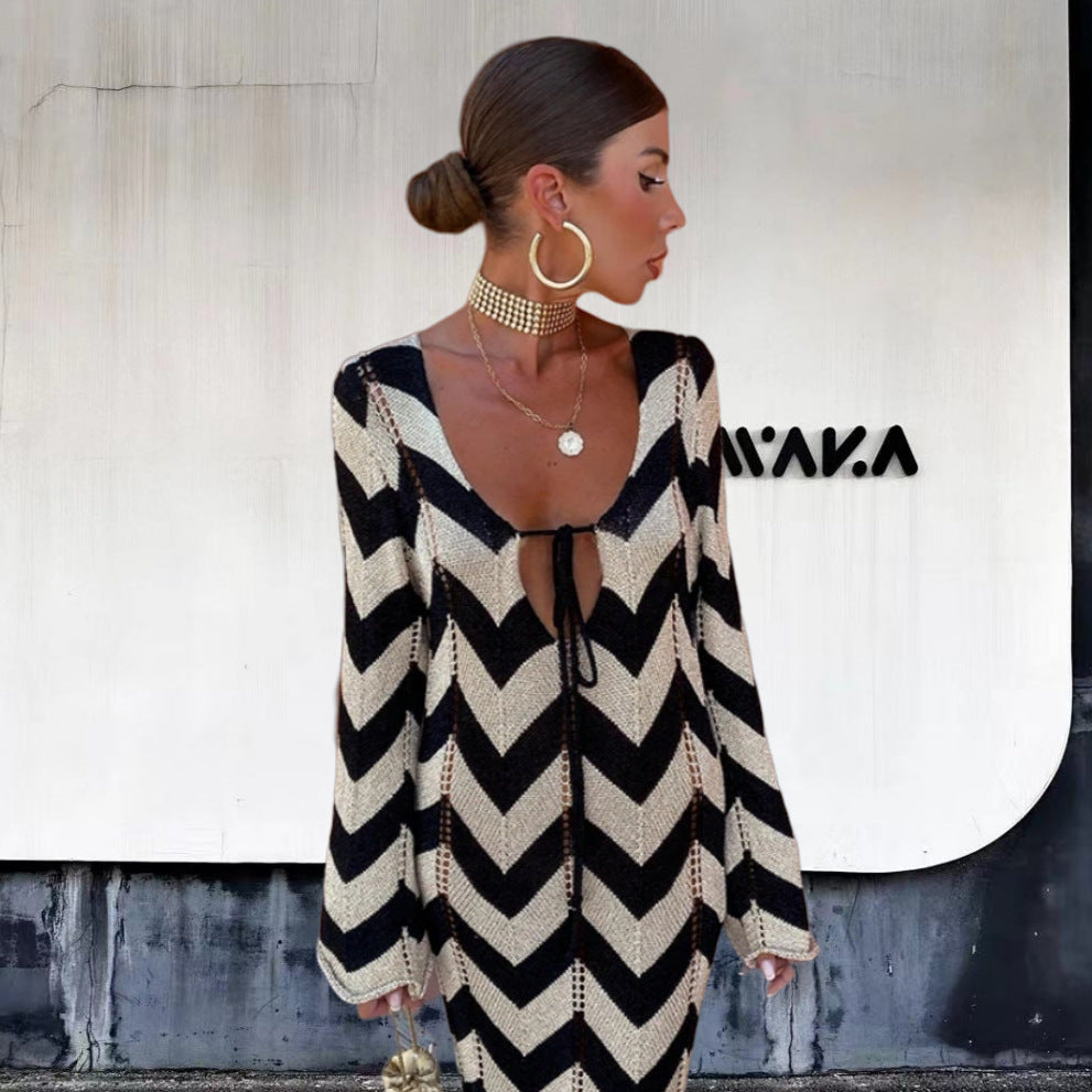 Women's Sleeve Hollow High Waist Zebra Pattern Dresses