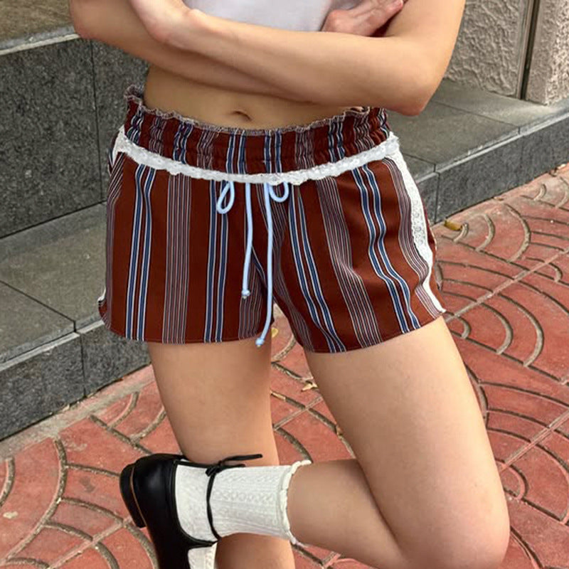 Women's Summer Striped Woven Elastic High Waist Button Loose Casual Pants