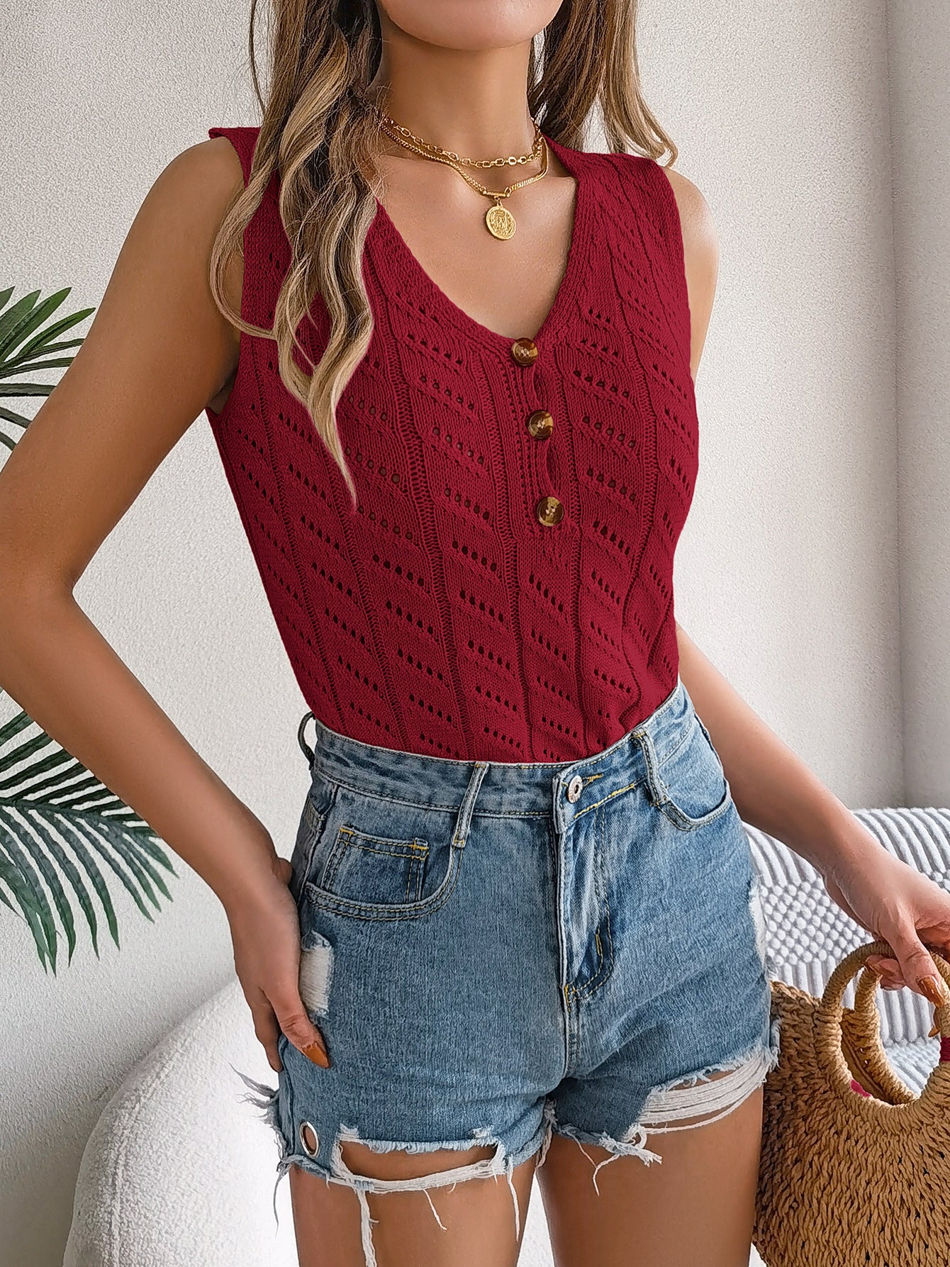 Women's Summer Solid Color Buttons Hollow Sleeveless Women's Sweater