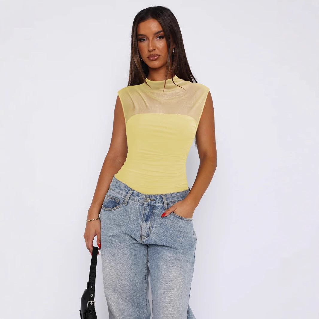 Women's Summer Half Collar Pure Color Mesh Tops