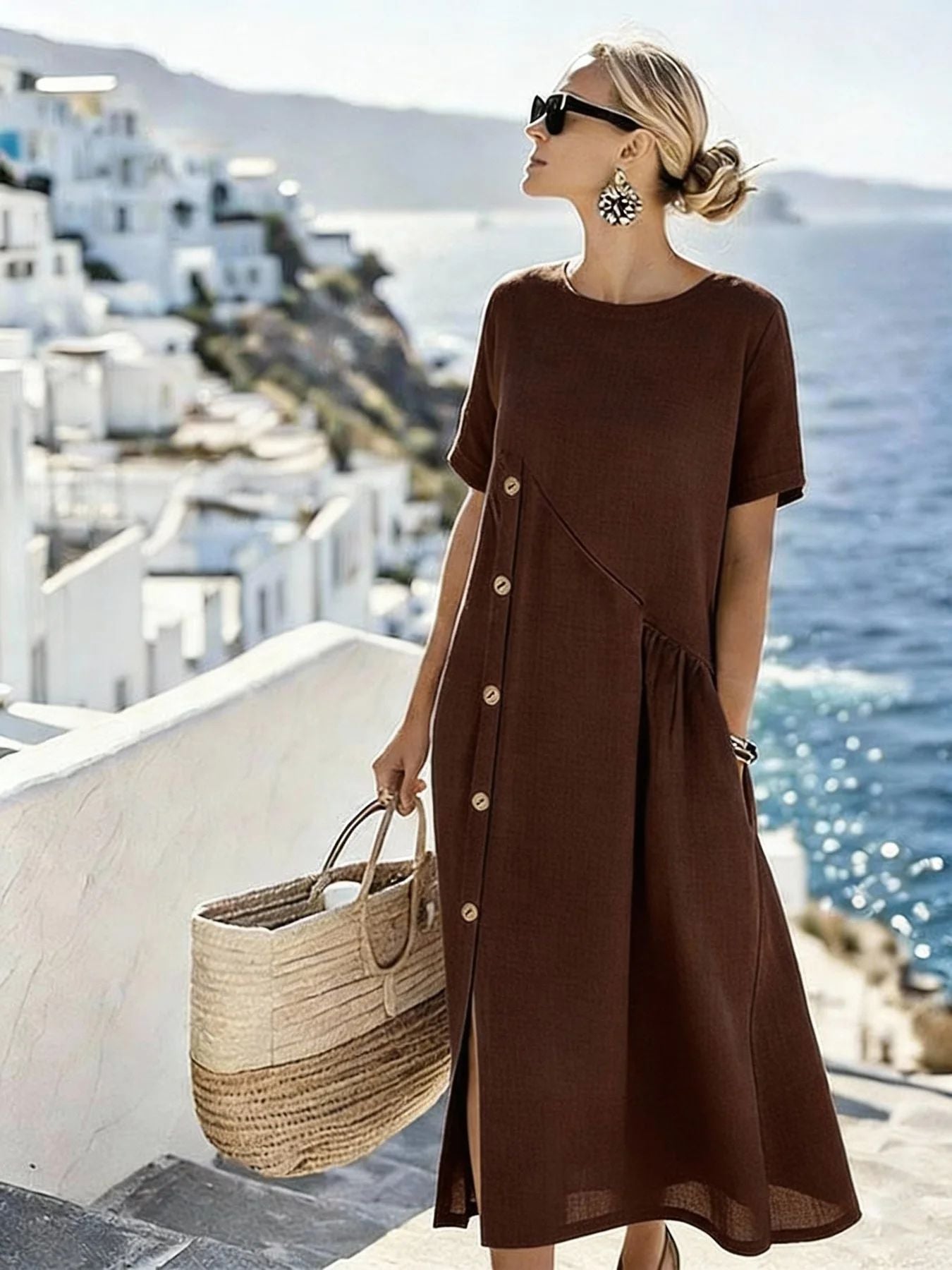 Casual Fastener Decoration Fold Pocket Mid-length Dress