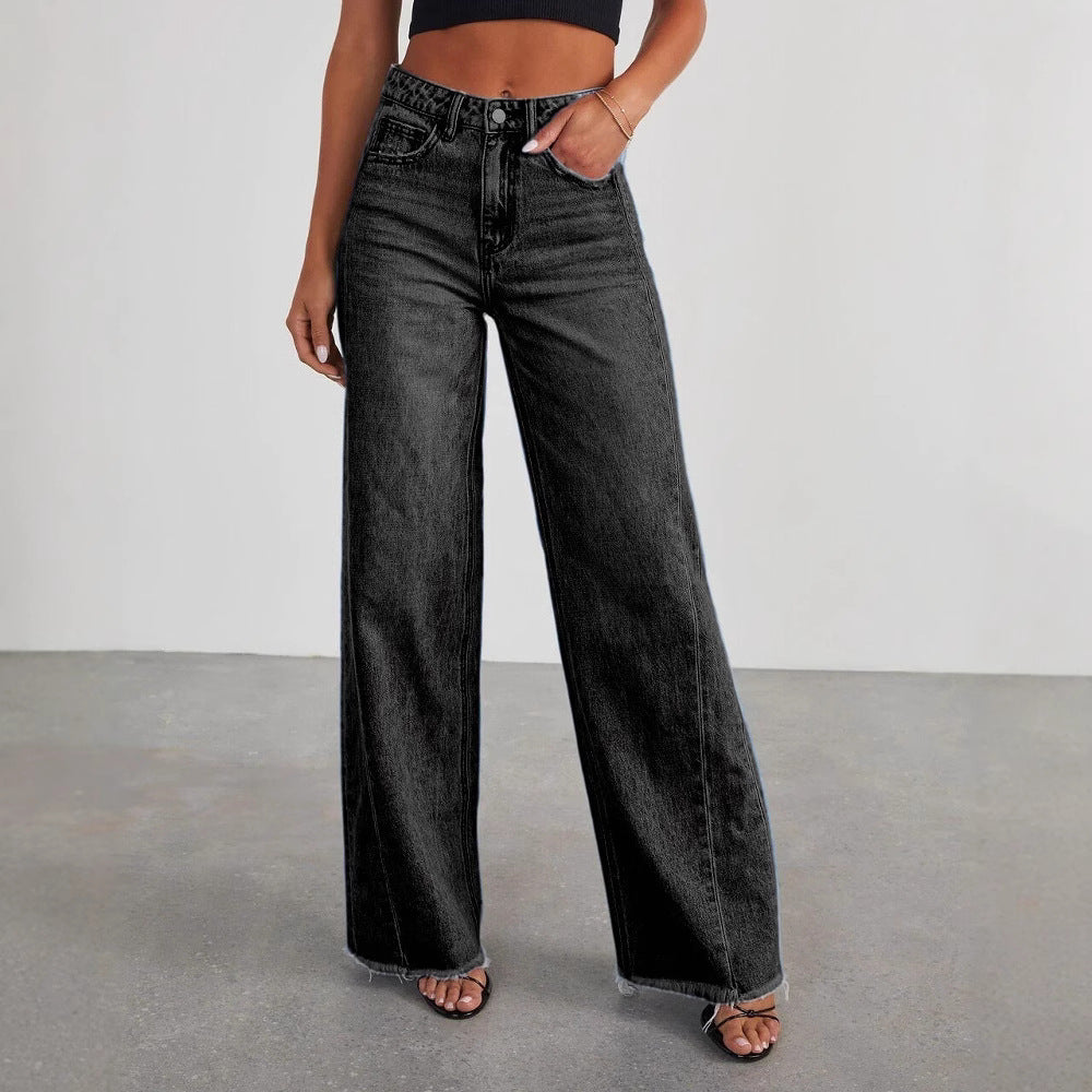 Women's Loose Side Seam Stitching Frayed Hem Jeans