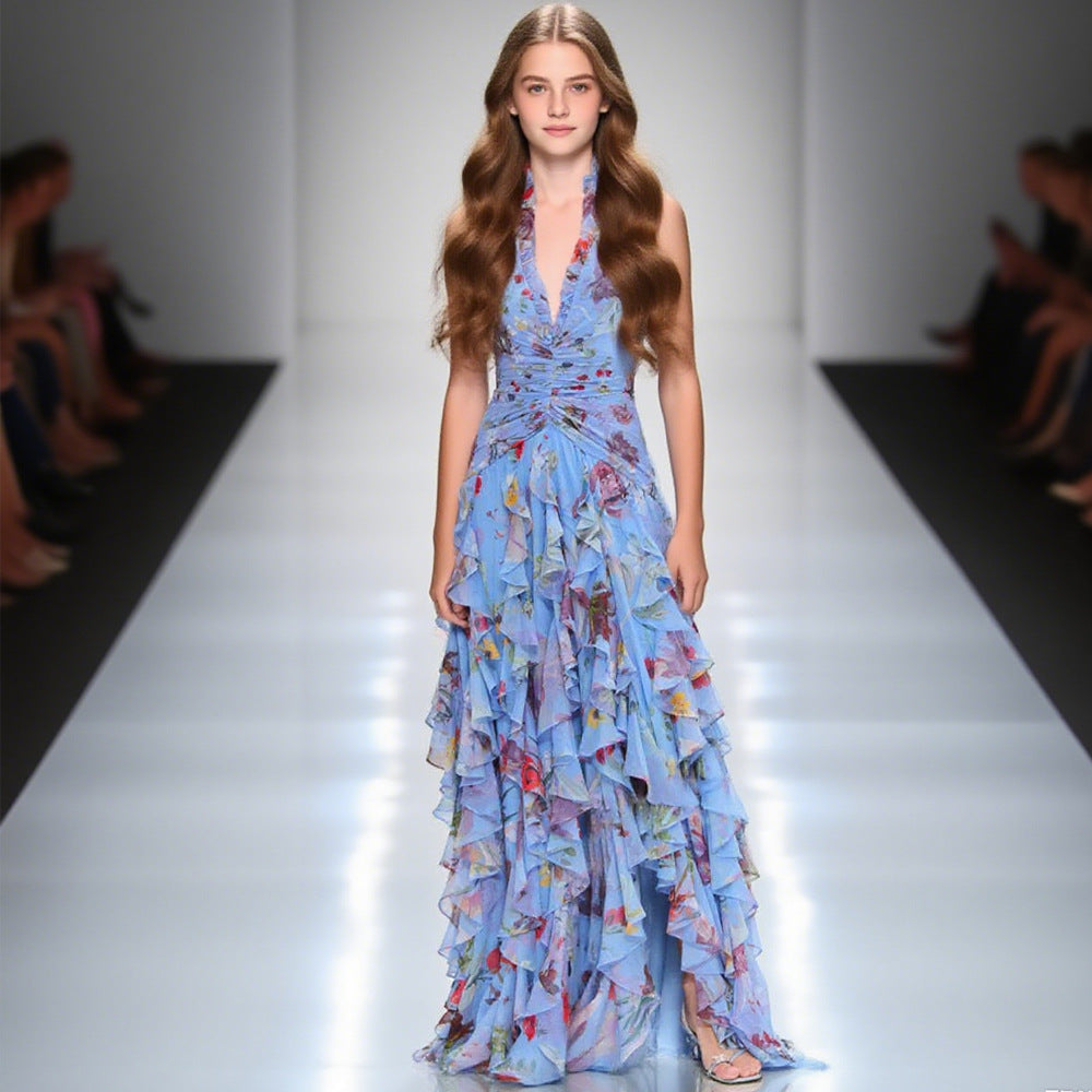 Women's Summer Sleeveless Halter Floral Sexy Flounced Dresses