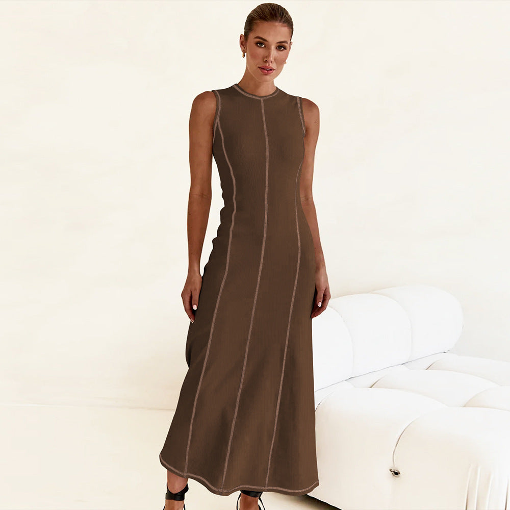 Women's Knitted Long Dress Round Neck Sleeveless Dresses