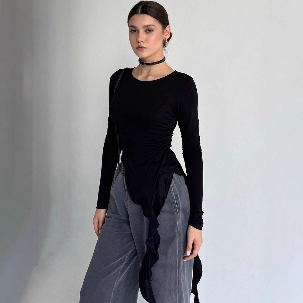 Women's Autumn Solid Color Round Tie Ruffled Blouses