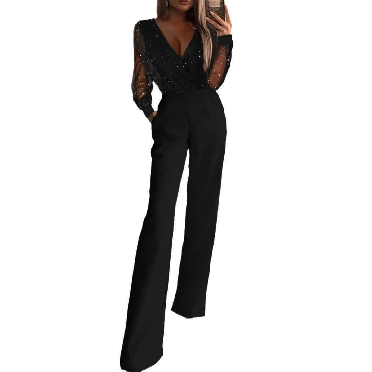 Women's Fashion Slim Solid Color Mesh Stitching Jumpsuits