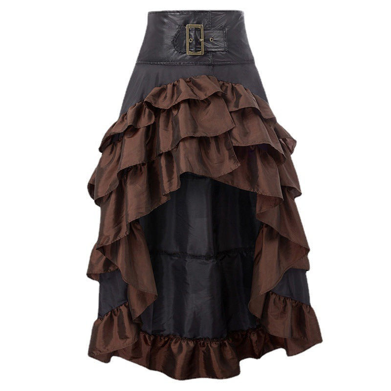 Retro Front Long Back Irregular Ruffles High Waist Stitching Dresses