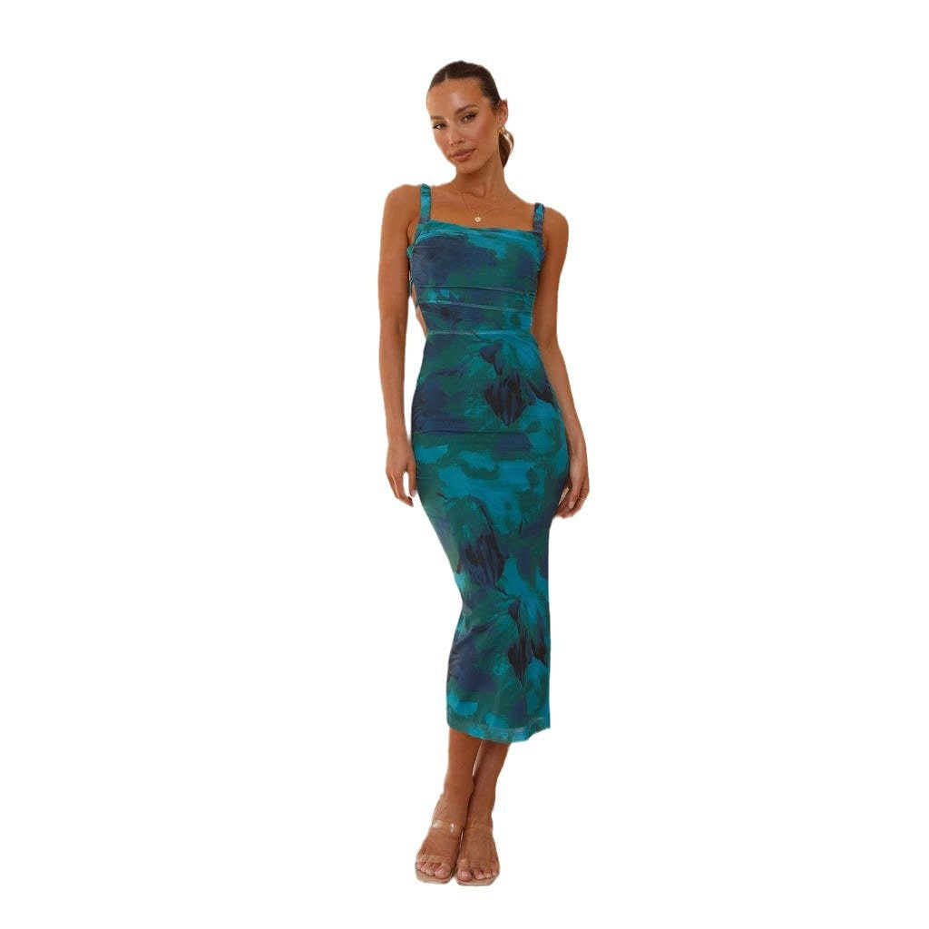 Women's Spring Sleeveless Slimming Sling Backless Floral Print Dresses
