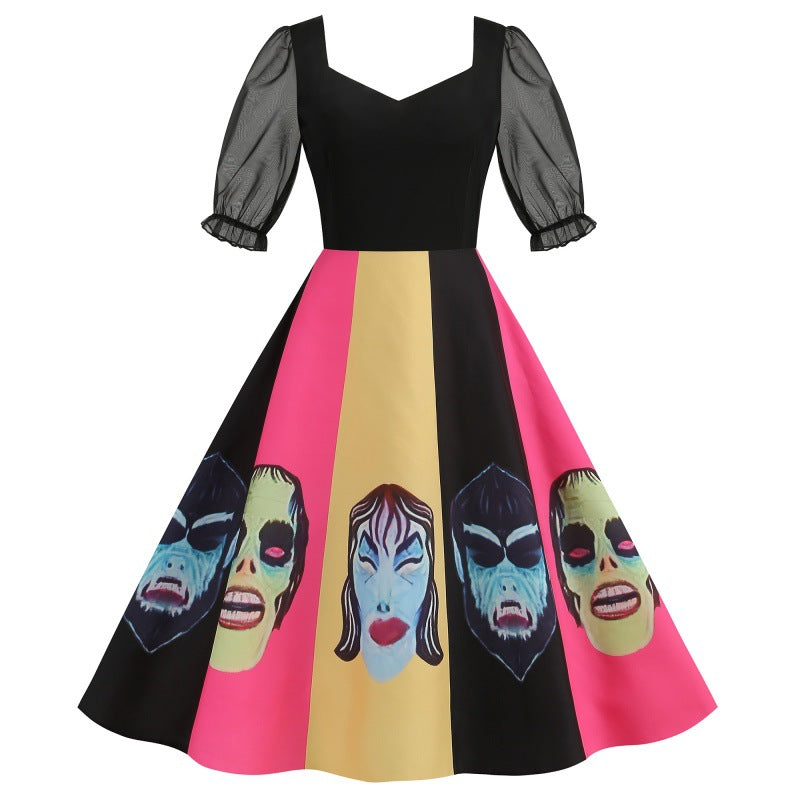 Mesh Stitching Half Sleeve Sexy Retro Printed Large Dress