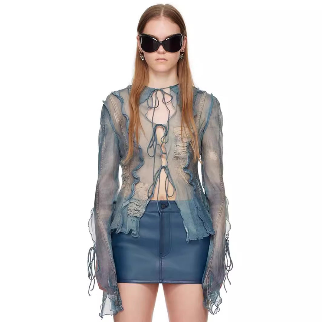 Ripped Denim Printing Shirt Female Hot Blouses