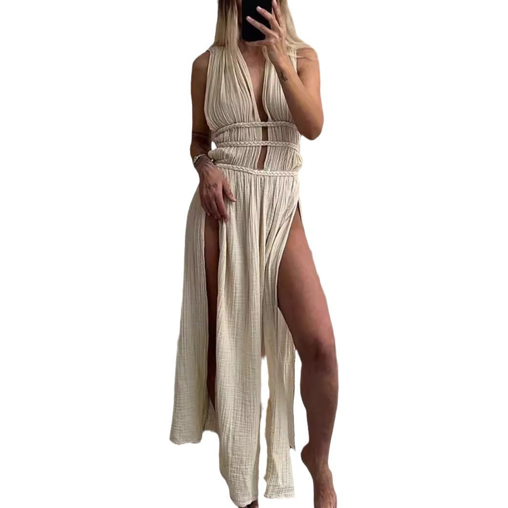 Linen Blend Sleeveless Braid Belt Hollow Dresses