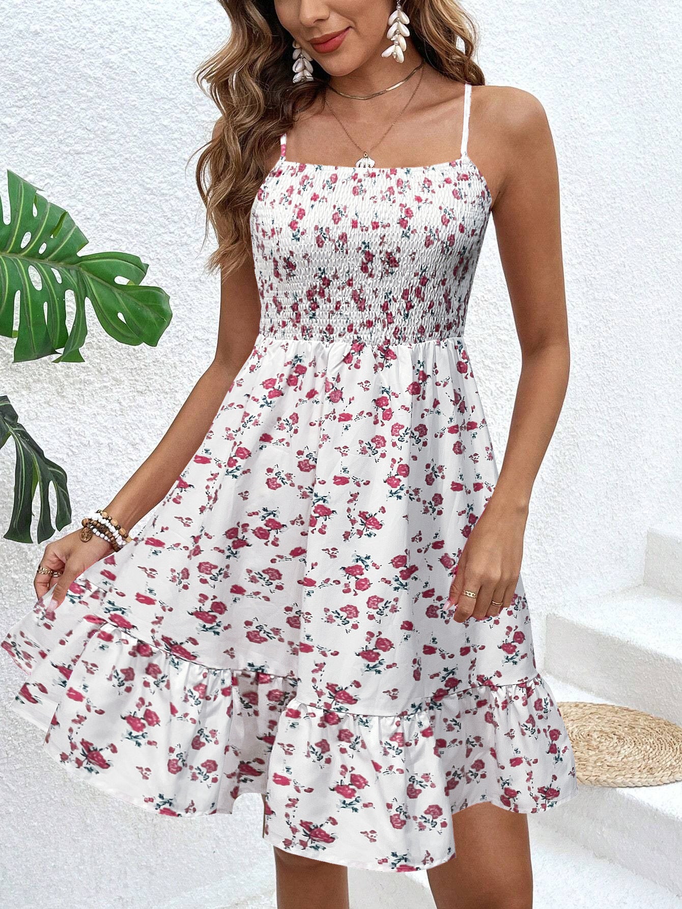 Floral Tight Waist Strap Beach Vacation Dress