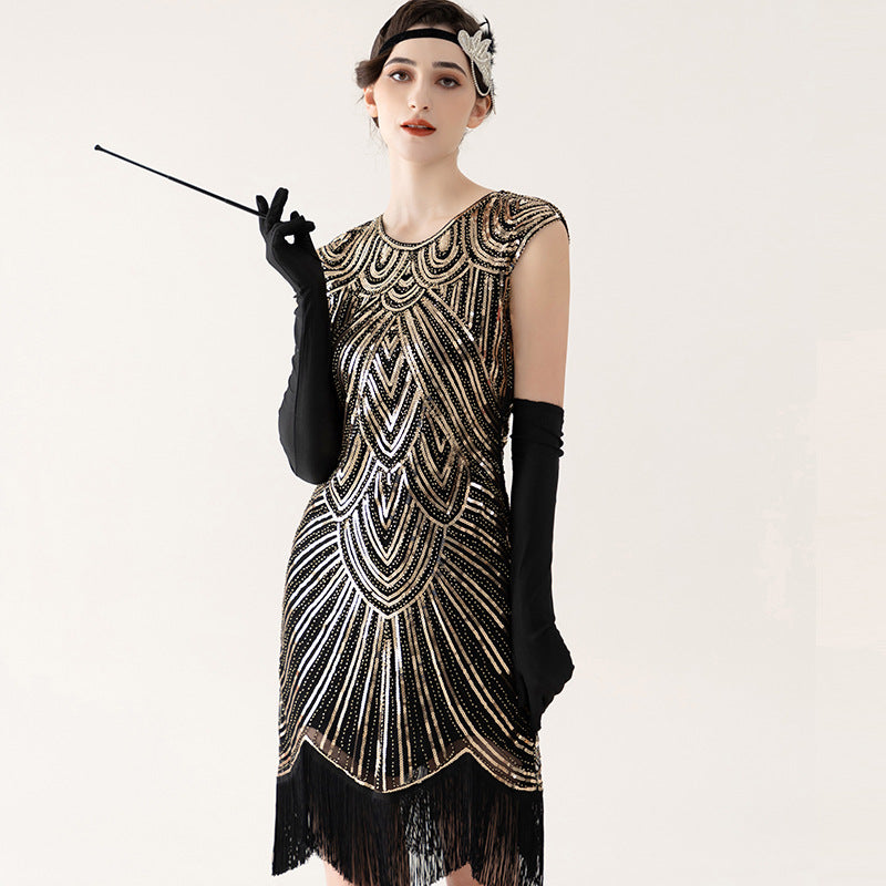 Vintage Sequined Tassel Dress Party Dance Evening Dresses