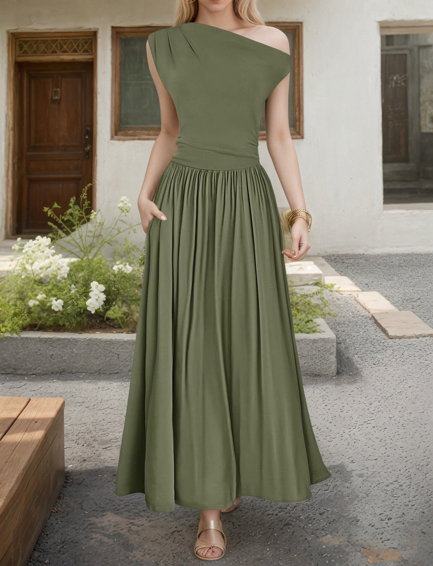 Women's Slant Shoulder Pocket Dress Summer Elegant Dresses