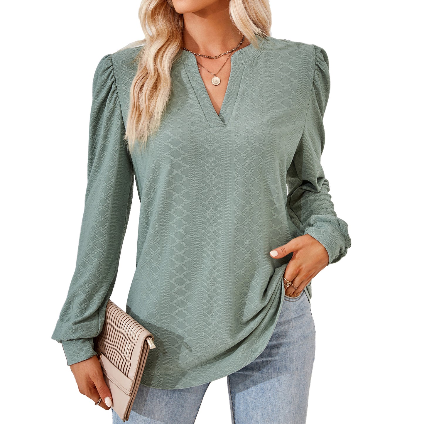 Women's Solid Color Jacquard Long Sleeve Loose-fitting Blouses