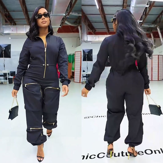 Women's Cargo Overalls Metal Zipper Bread Bag Jumpsuits