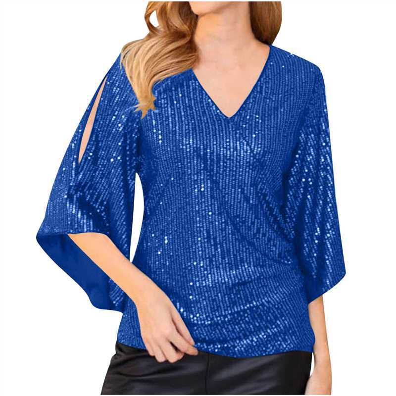 Women's Loose Mid-length Sequined T-shirt Short-sleeved Pullover Blouses