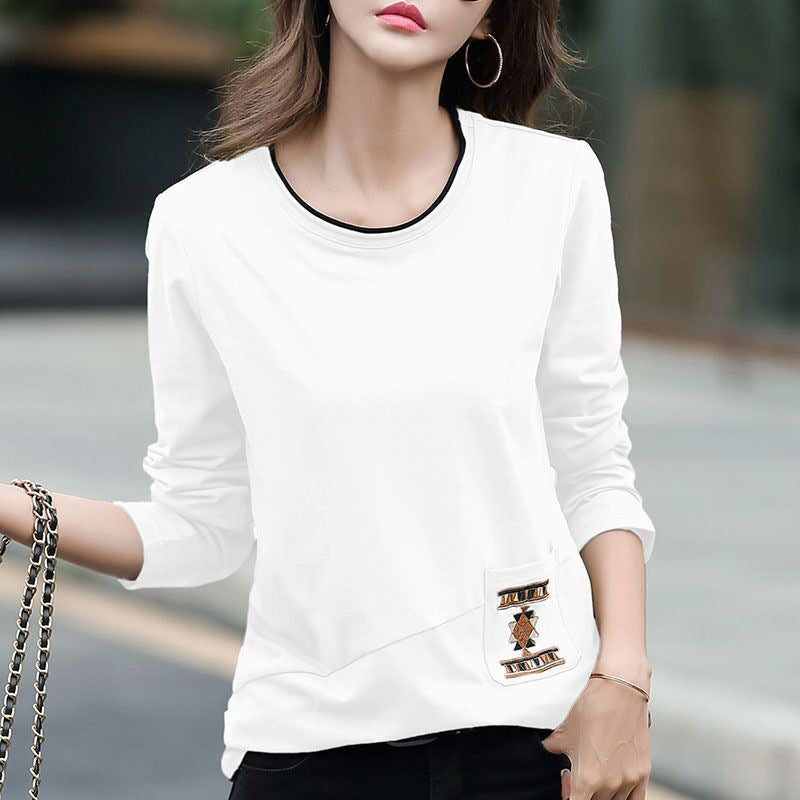 Women's Embroidered Pocket Long Sleeve T-shirt Autumn Stitching Blouses