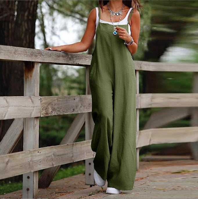 Women's Fashion Casual Pocket Cotton Linen Sling Jumpsuits