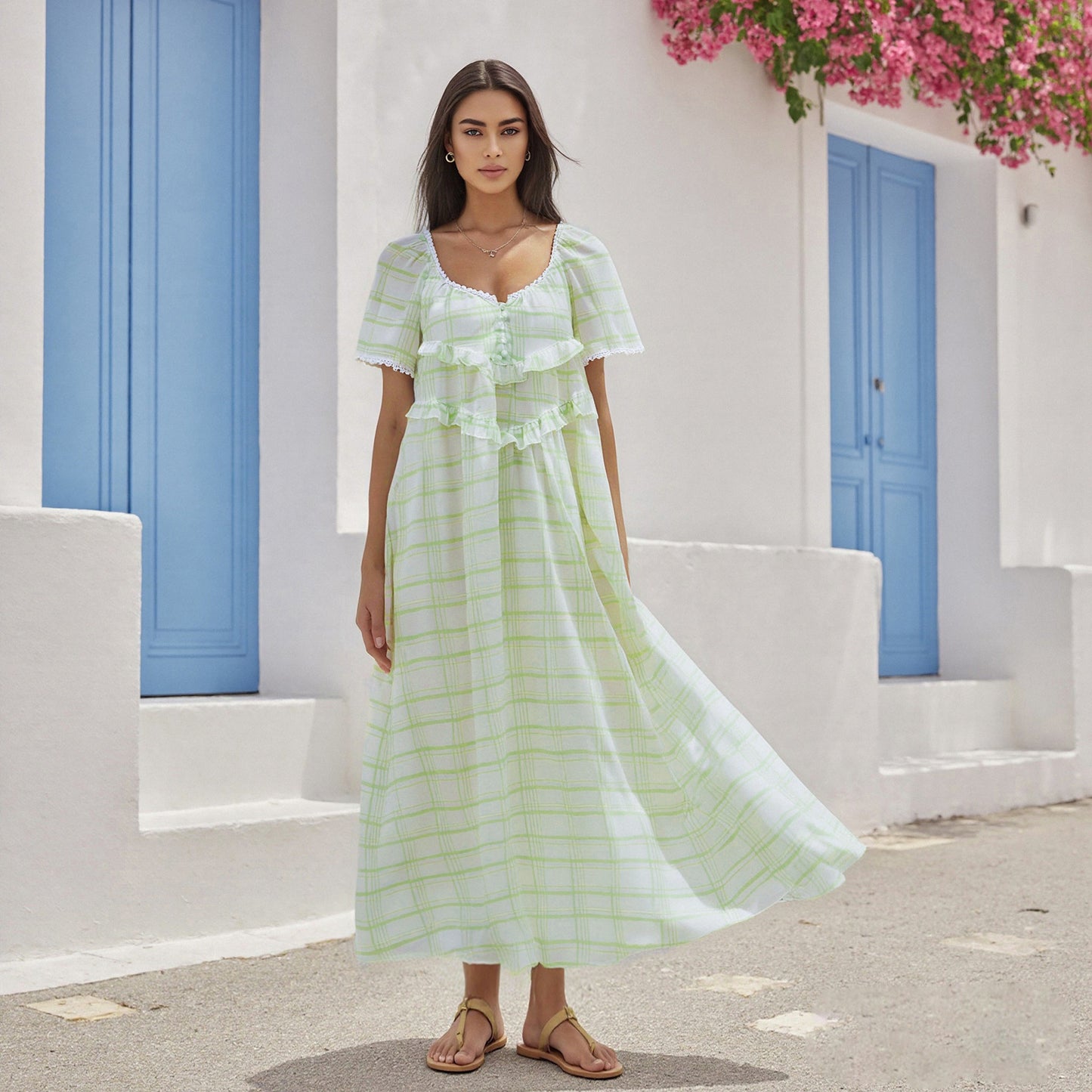 Striped Spaghetti Straps Backless Large Swing Fresh Dress