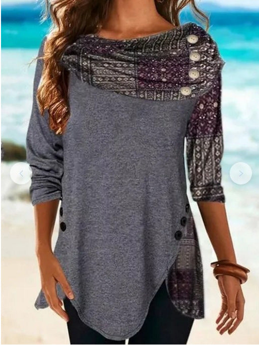 Women's Button Hem Long Sleeve Round Neck Blouses