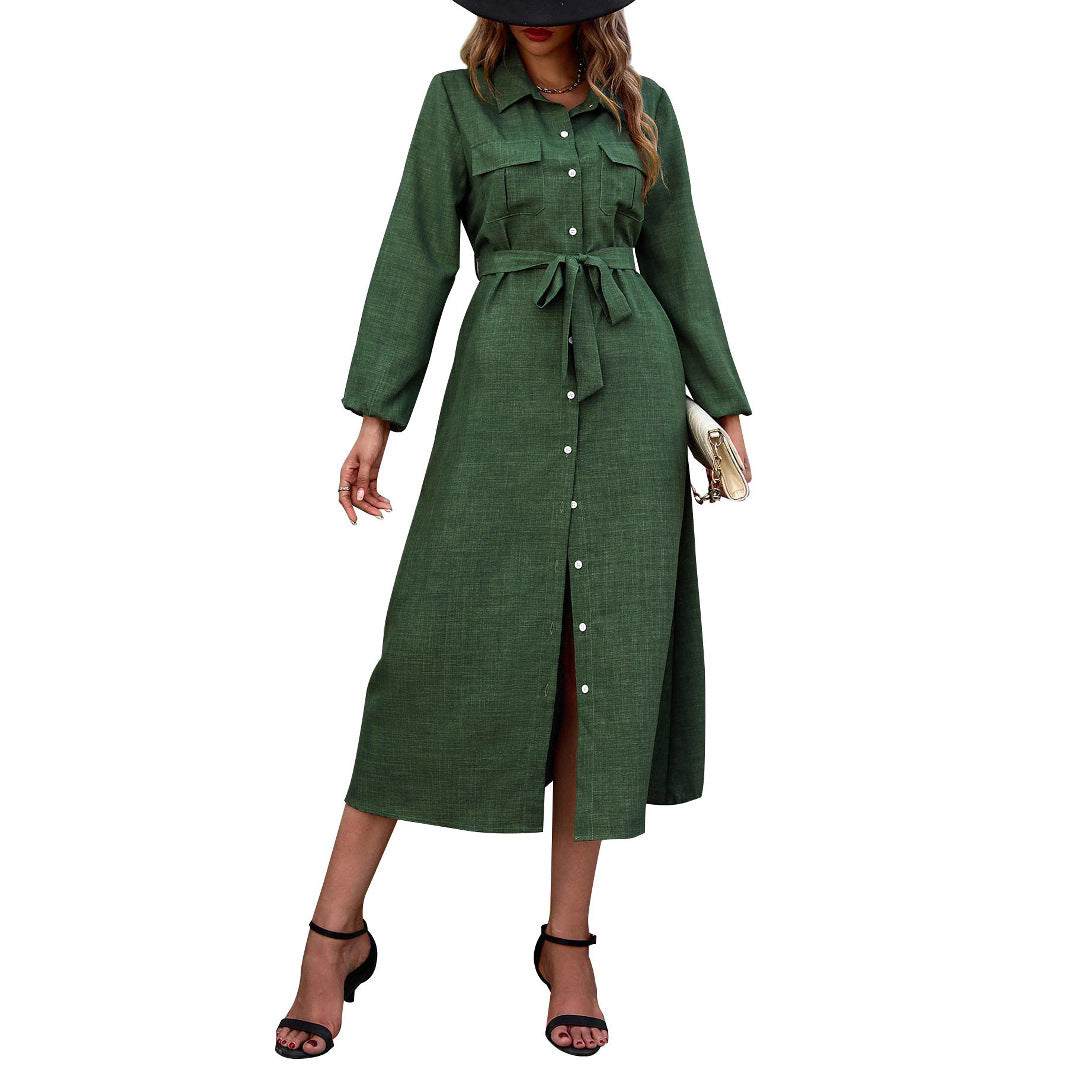 Women's Autumn Turn-down Collar Green Long Sleeve Solid Dresses